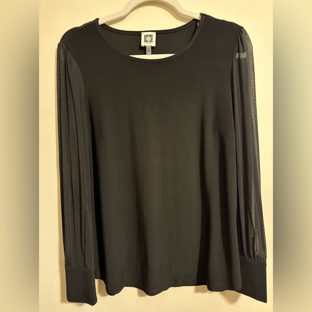 Anne Klein Women’s Medium black blouse sheer long sleeves cuffs gold buttons
